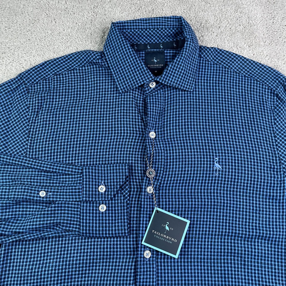 NEW Tailorbyrd Shirt Mens Medium Blue Gingham Flannel Long Sleeve Button Down